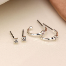 Load image into Gallery viewer, Silver Crystal Stud &amp; Sleeper Hoop Earring Duo