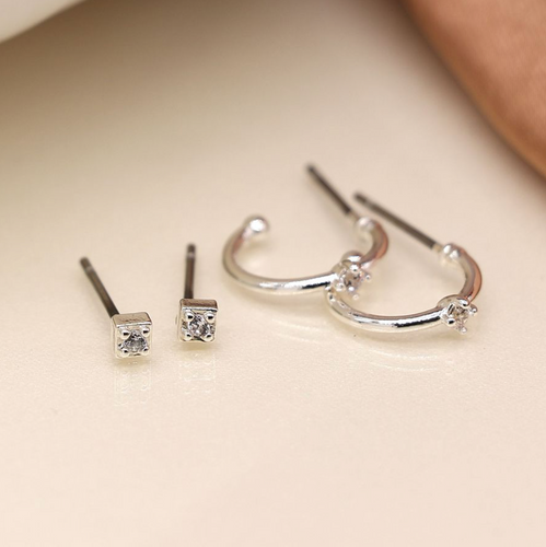 Silver Crystal Stud & Sleeper Hoop Earring Duo