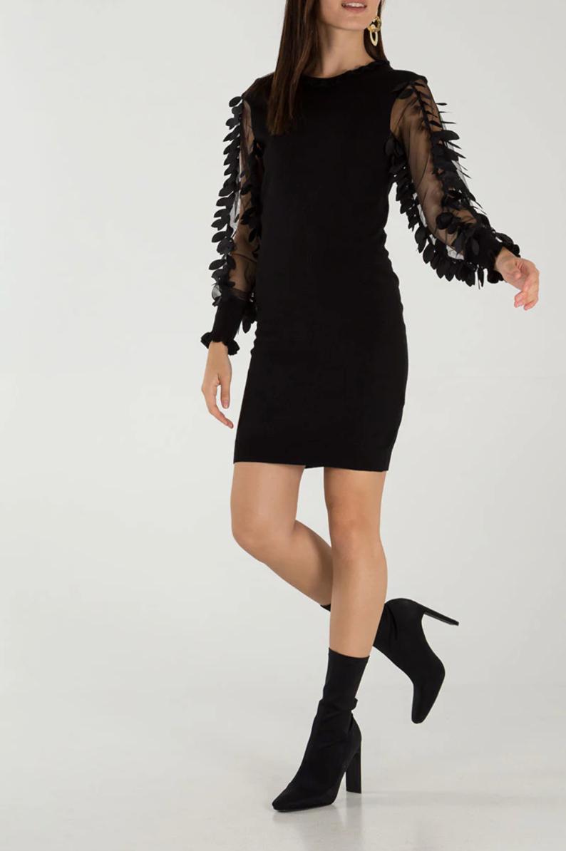 Leaf Mesh Sleeve Knitted Dress