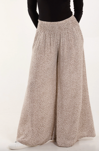 Leopard Print Elasticated Waist Wide Leg Trousers (Beige)