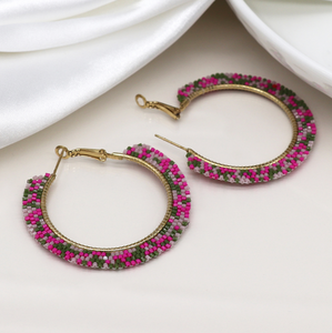 Beaded Hoop Earrings (Pink)