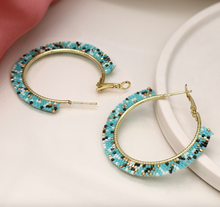 Load image into Gallery viewer, Beaded Hoop Earrings (Aqua)