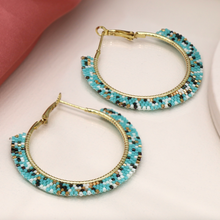 Load image into Gallery viewer, Beaded Hoop Earrings (Aqua)