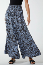 Load image into Gallery viewer, Leopard Print Ruched Waist Wide Leg Trousers (Blue)