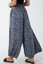 Load image into Gallery viewer, Leopard Print Ruched Waist Wide Leg Trousers (Blue)