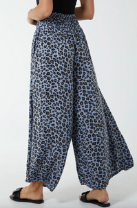 Leopard Print Ruched Waist Wide Leg Trousers (Blue)