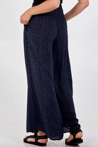 Leopard Print Ruched Waist Wide Leg Trousers (Navy)
