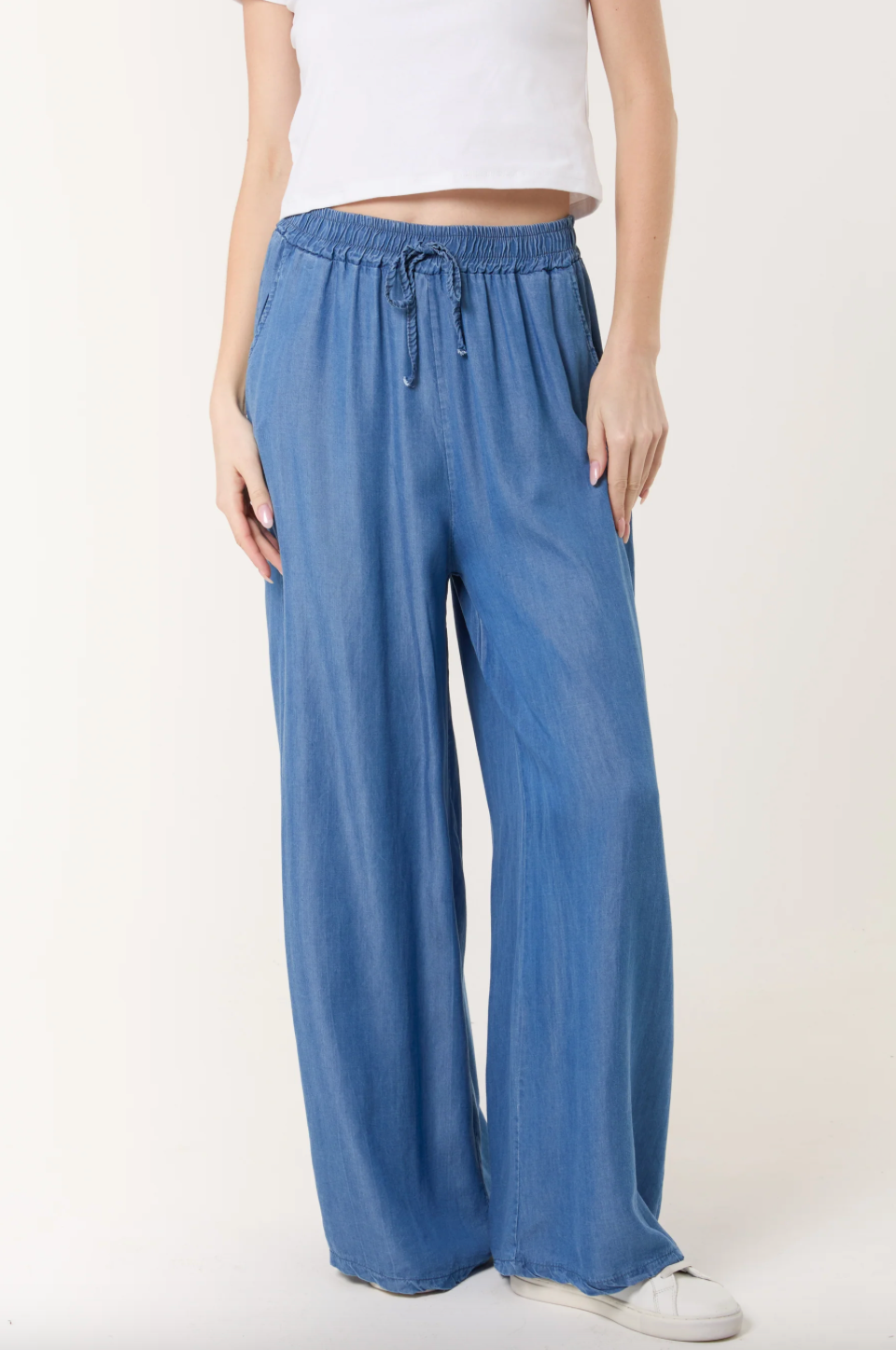 Drawstring Wide Leg Trousers (Denim Blue)