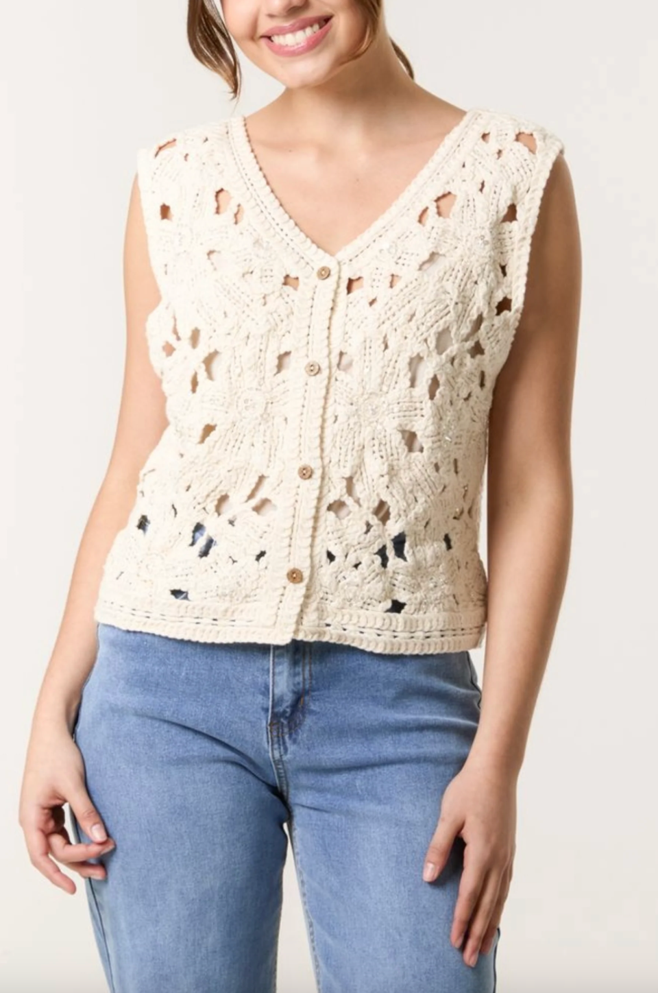 Floral Crochet Vest (Stone)
