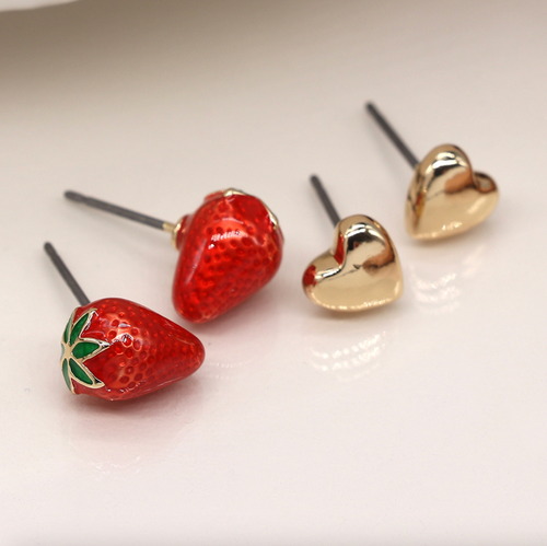 Strawberry & Heart Stud Earring Set