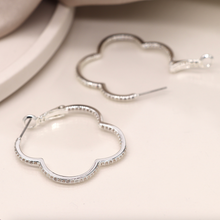 Load image into Gallery viewer, Silver Crystal Quatrefoil Hoops