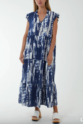 Frill Sleeve Tiered Dress (Navy)