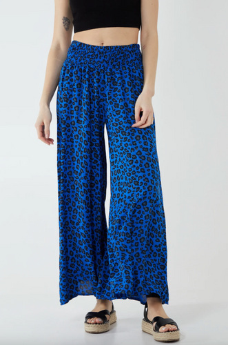 Leopard Print Ruched Waist Wide Leg Trousers (Royal Blue)