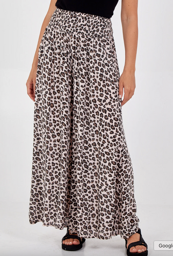 Leopard Print Ruched Waist Wide Leg Trousers (Blush)