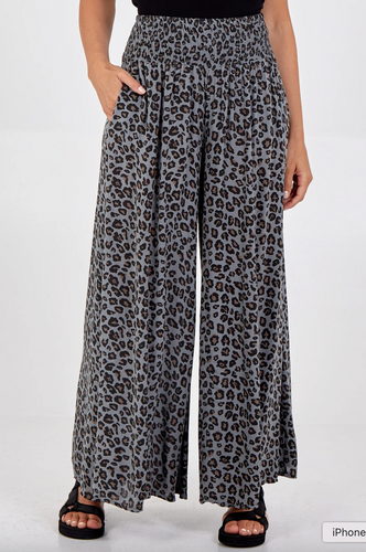 Leopard Print Ruched Waist Wide Leg Trousers (Grey)
