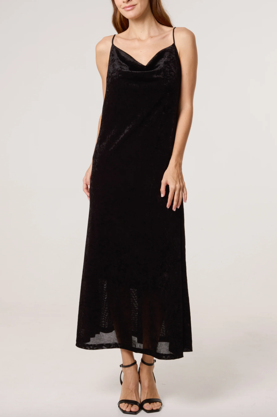 Cow Neck Velvet Midi Dress (Black)
