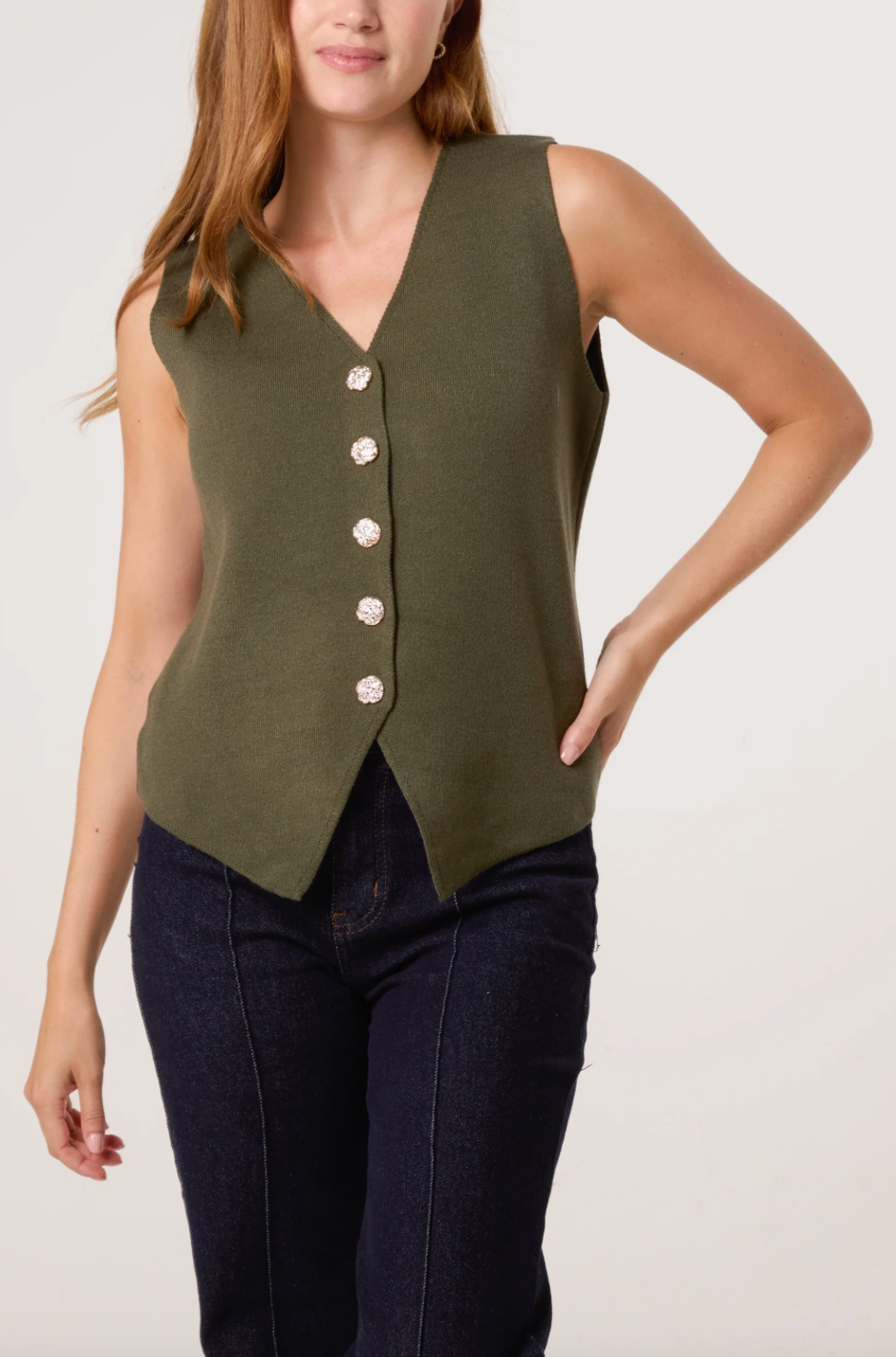 Gold Button Knitted Waistcoat (Khaki)