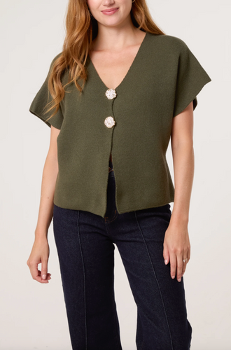 Gold Button V-Neck Cardigan (Khaki)