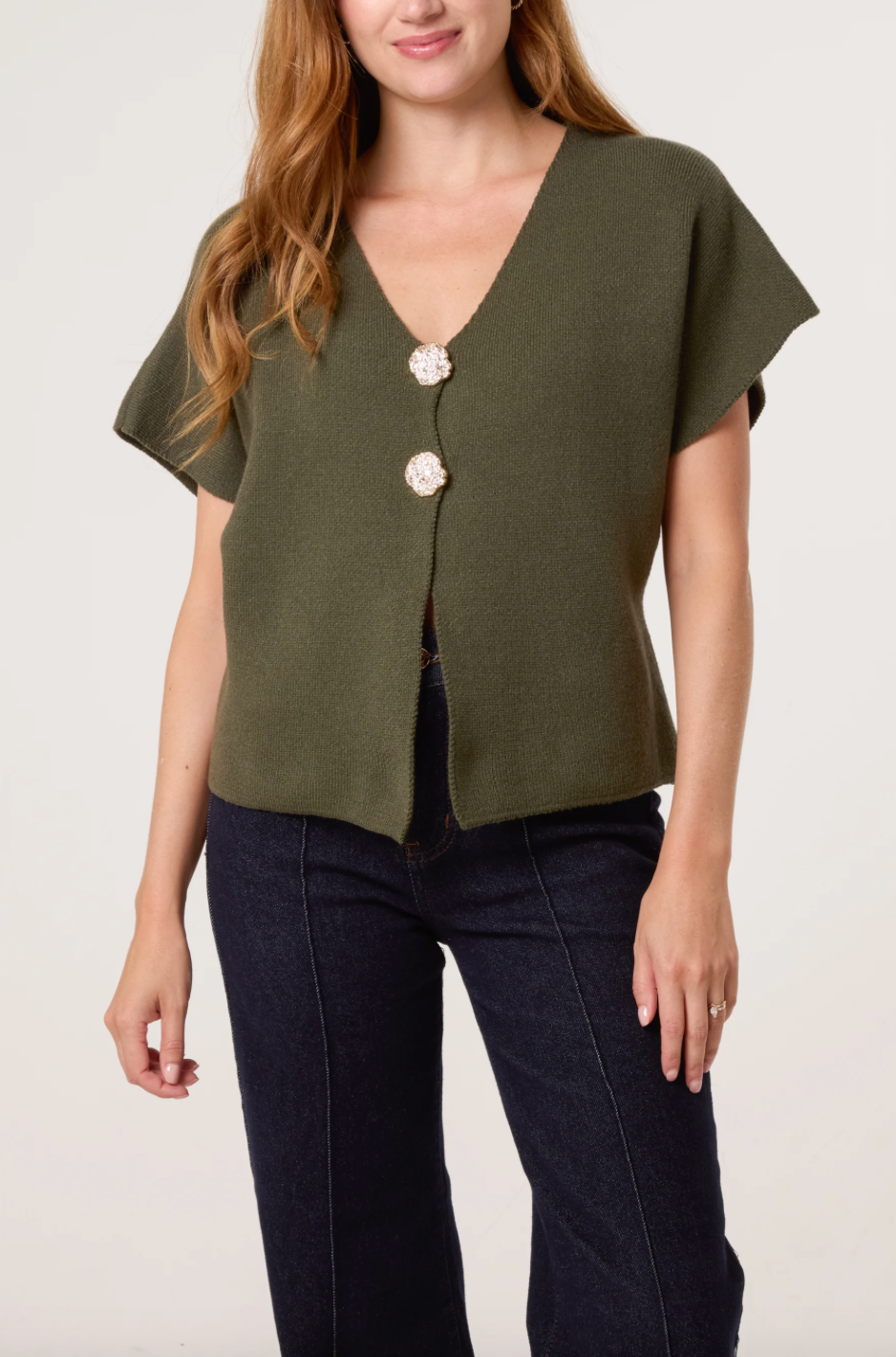 Gold Button V-Neck Cardigan (Khaki)