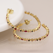 Load image into Gallery viewer, Golden Red &amp; bBlack Crystal Hoop Earrings