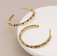 Load image into Gallery viewer, Golden Red &amp; bBlack Crystal Hoop Earrings