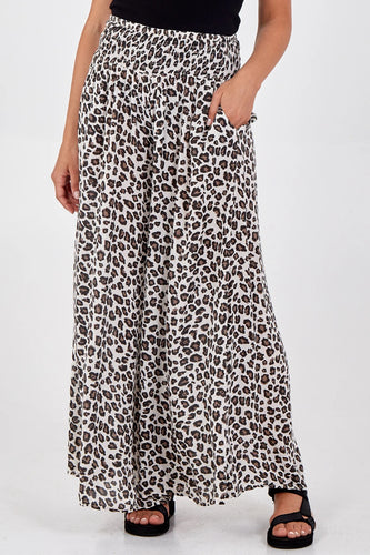 Leopard Print Ruched Waist Wide Leg Trousers (Beige)
